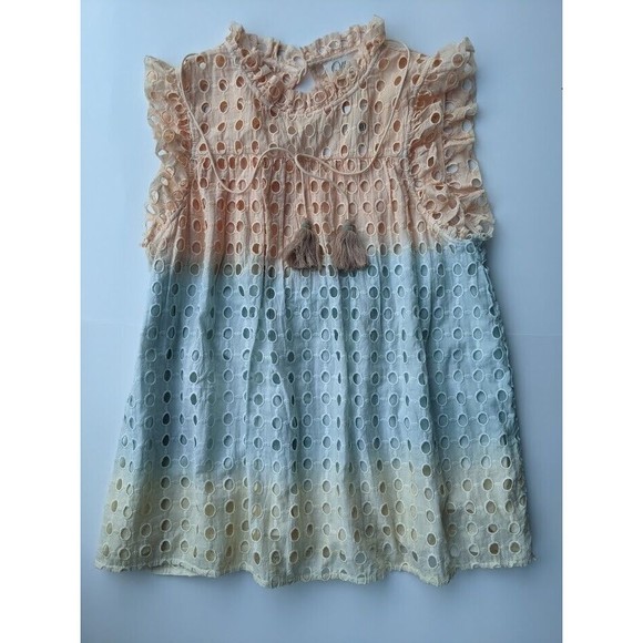 Anthropologie Tops - Anthropologie Ollari sleeveless eyelet top, sz M. Peach blue yellow & tassel tie